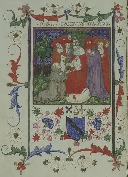 Papst Eugen IV. Cantate Domino 1442: Darstellung um 1450 (Widmungsbild der Dialogi in Lactantium des Antonio da Rho)